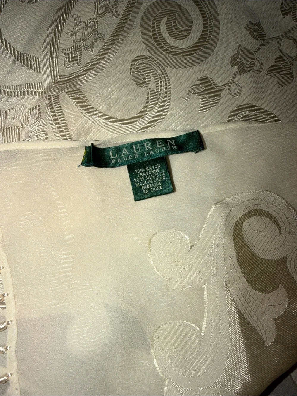 Vtg Ralph Lauren Ivory Silk Blend Embroidered Monogram Fringe Shawl Scarf Wrap